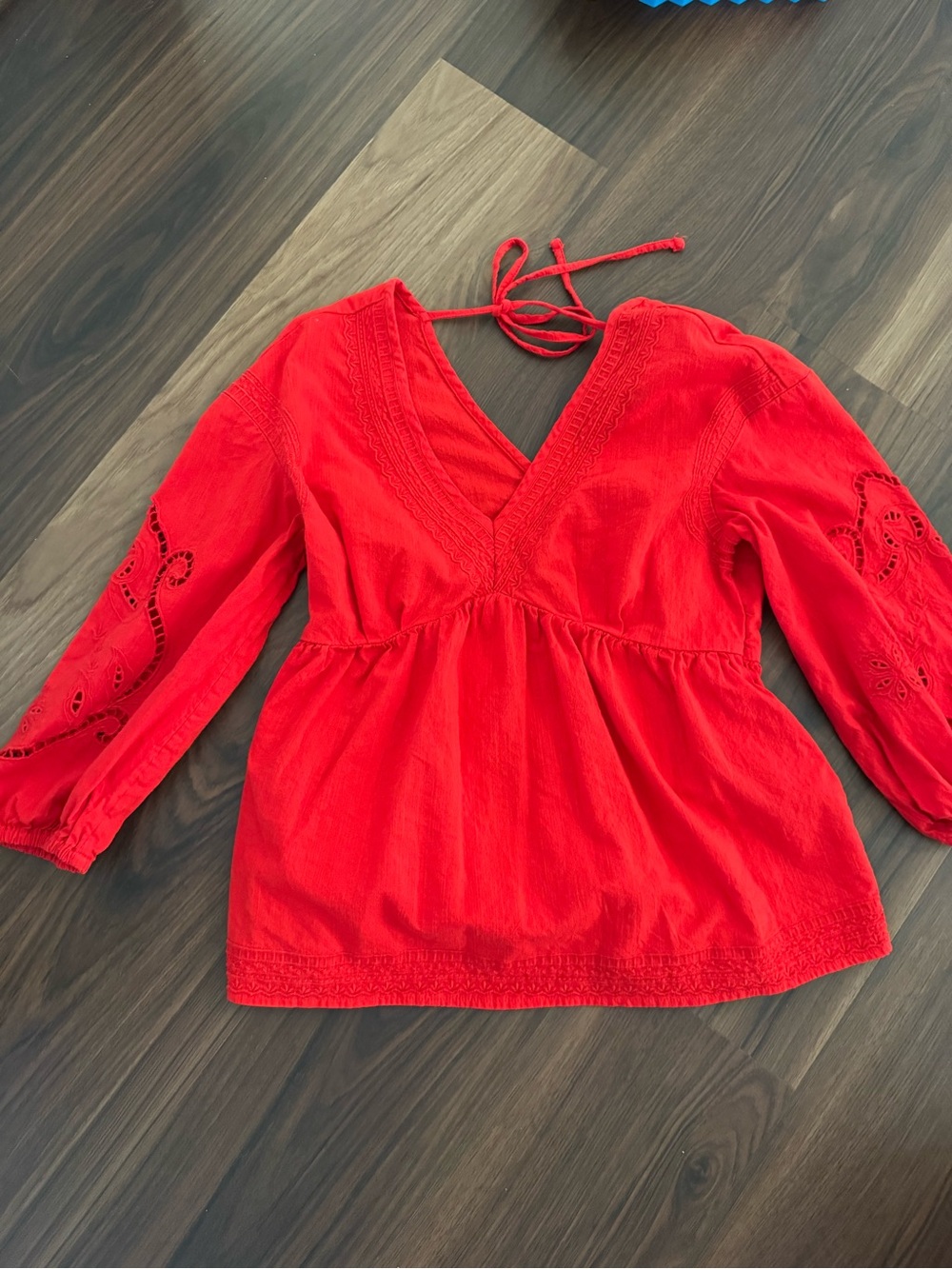 Time and Tru Red V-Neck Peasant Tunic with Embroidered Sleeves